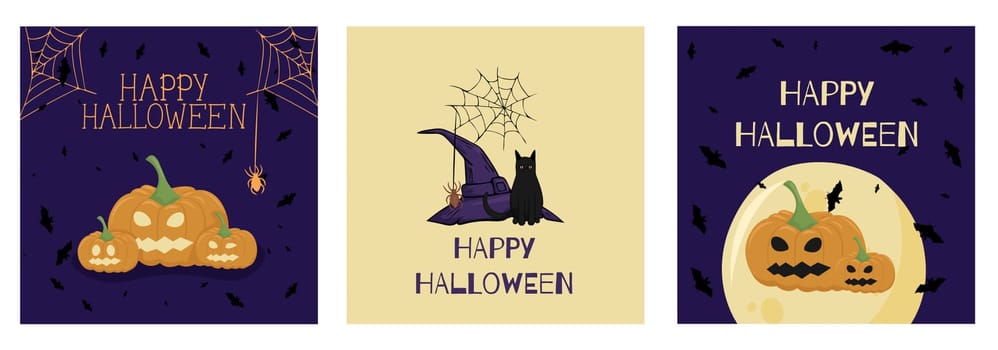 Set of graphics poster with Halloween theme.Cartoon style illustrations of cute pumpkin,moon, witch accessories and bats.