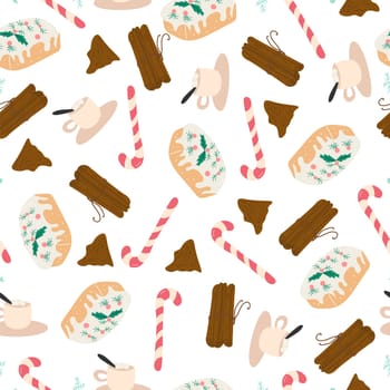 Christmas seamless pattern with Christmas cupcakes, candy, cinnamon and marshmallow drink on white background.