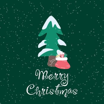 Christmas card with a Christmas tree and a Santa bag with gifts on a dark green background with snowflakes