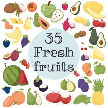 Healthy food frame vector illustration. 35 Fruits set illustration. Organic food set. Good nutrition