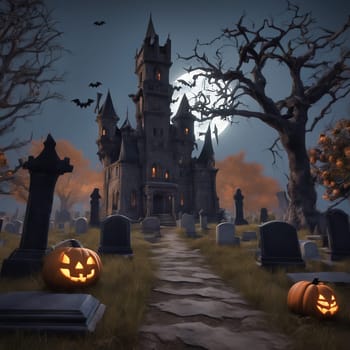 Halloween, haunted castle with tombstones under full moon and bats. Creepy pumpkins on the ground. AI generated image