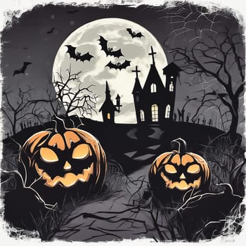 Halloween, haunted castle with tombstones under full moon and bats. Creepy pumpkins on the ground. AI generated image