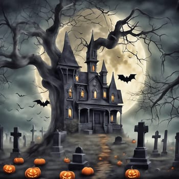 Halloween, haunted castle with tombstones under full moon and bats. Creepy pumpkins on the ground. AI generated image