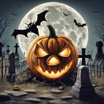Halloween, haunted castle with tombstones under full moon and bats. Creepy pumpkin in the foreground. AI generated image