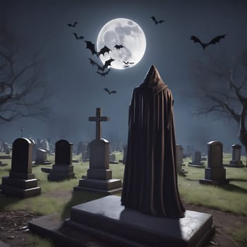 Vampire in the cemetery with a view of the full moon. Bats and graves. Gravestones and old trees. AI generated image