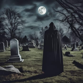 Vampire in the cemetery with a view of the full moon. Bats and graves. Gravestones and old trees. AI generated image