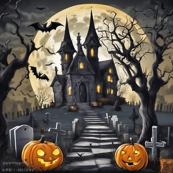 Halloween, haunted castle with tombstones under full moon and bats. Creepy pumpkins on the ground. AI generated image