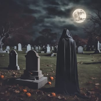 Vampire in the cemetery with a view of the full moon. Bats and graves. Gravestones and old trees. AI generated image