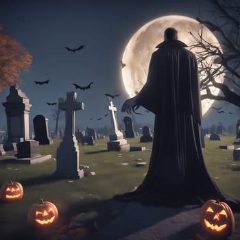 Vampire in the cemetery with a view of the full moon. Bats and graves. Gravestones and old trees. AI generated image