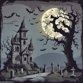 Halloween, haunted castle with tombstones under full moon and bats. old bony tree. AI generated image