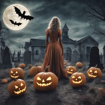 Woman with red dress in the cemetery. Pumpkins in the foreground. Bats in front of full moon. Halloween image. AI generated image
