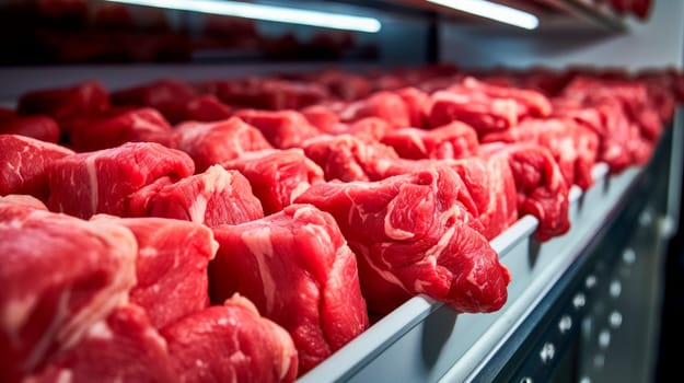 Fresh meat chunks arranged in a row in a large fridge. Meat industry, meats in the cold store. AI generated