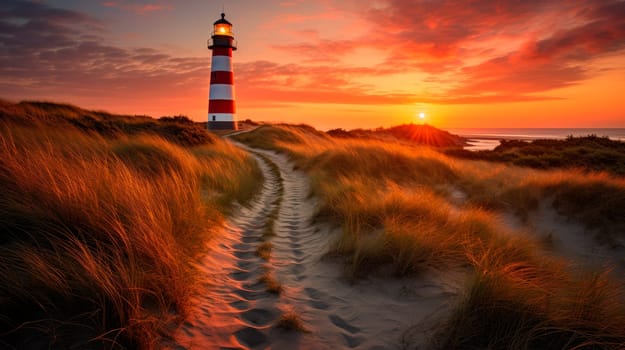 Extremely beautiful natural landscape with pathway leading through the dunes towards red and white striped lighthouse. Striped lighthouse on sand dunes in evening sunlight. AI generated