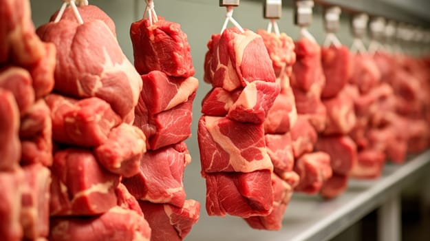 Fresh meat chunks hanging in a row in a large fridge. Meat industry, meats in the cold store. AI generated