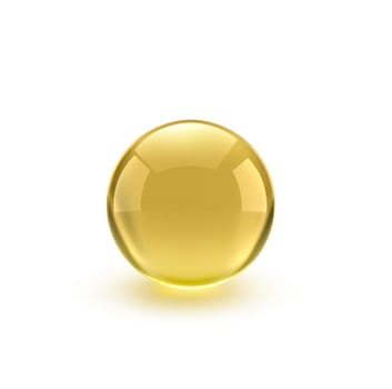 Oil gold glass ball isolated in vector on white background. Cosmetic pill capsule of vitamin E, A, Argan oil, Almond, cod liver, Omega 3, fish. Golden bubble template