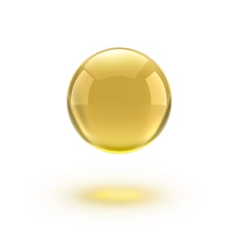 Oil gold glass ball isolated in vector on white background. Cosmetic pill capsule of vitamin E, A, Argan oil, Almond, cod liver, Omega 3, fish. Golden bubble template