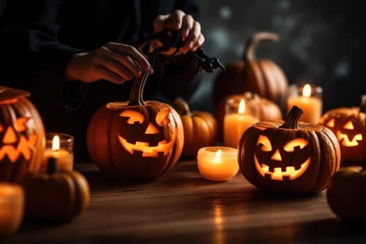 hands preparing pumpkins for halloween holiday.pumpkins and candles for halloween.Generative AI