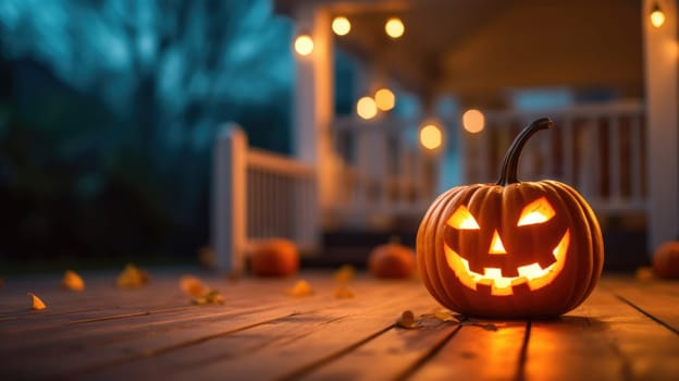 Halloween scary pumpkin, candles and dry leaves on the background of the evening house. halloween background. Generative AI