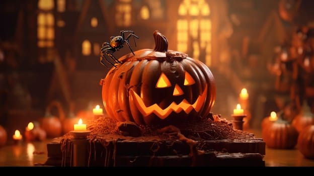 Halloween scary pumpkin, candles and dry leaves. halloween background. Generative AI