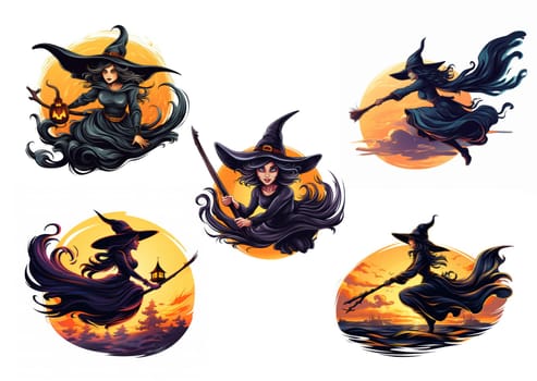 set of cartoon witch flies on a broomstick on a white background .set of drawings for halloween or children's book. Generative AI