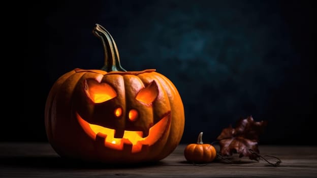 Halloween scary pumpkin, candles and dry leaves. halloween background. Generative AI