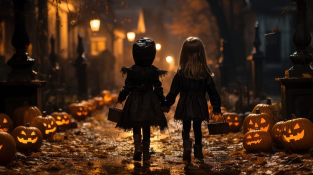 two kids in adorable creepy costumes make their way through the foggy darkness, consumed by collecting treats on Halloween night. atmospheric halloween street.Generative AI