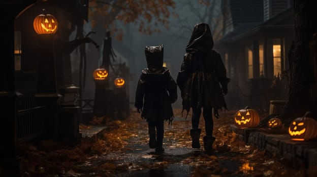 two kids in adorable creepy costumes make their way through the foggy darkness, consumed by collecting treats on Halloween night. atmospheric halloween street.Generative AI