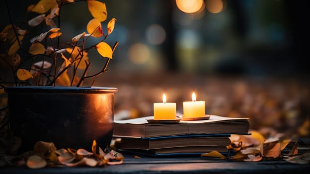 a stack of old books on a rustic wooden table surrounded by autumn leaves and a burning candle. The perfect look for cozy autumn evenings.Generative AI