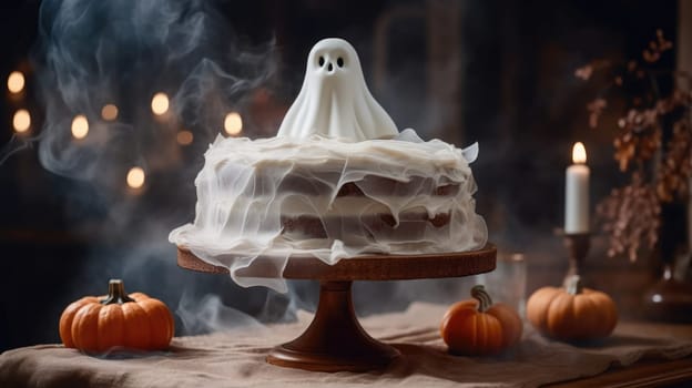 chocolate cake with icing and ghosts in a white mystical haze .candles, bats and pumpkins. halloween background.Generative AI