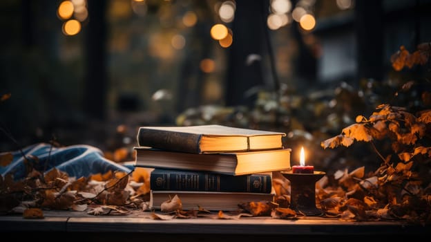 a stack of old books on a rustic wooden table surrounded by autumn leaves and a burning candle. The perfect look for cozy autumn evenings.Generative AI