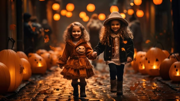 two kids in adorable creepy costumes make their way through the foggy darkness, consumed by collecting treats on Halloween night. atmospheric halloween street.Generative AI