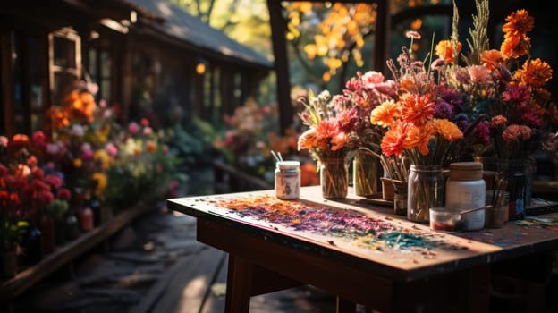 artist's paints set among autumn foliage and bouquets.Generative AI