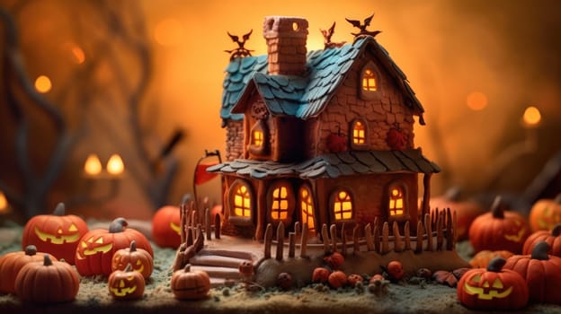 chocolate gingerbread house decorated with chocolate icing and orange marzipan pumpkins around the house. happy halloween. Generative AI