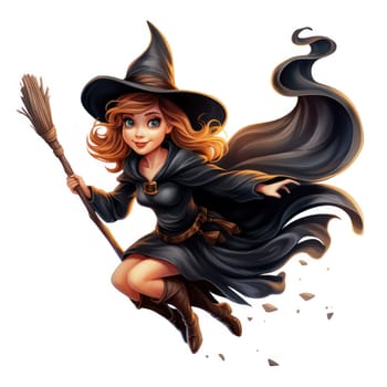 cartoon witch flies on a broomstick on a white background .set of drawings for halloween or children's book. Generative AI