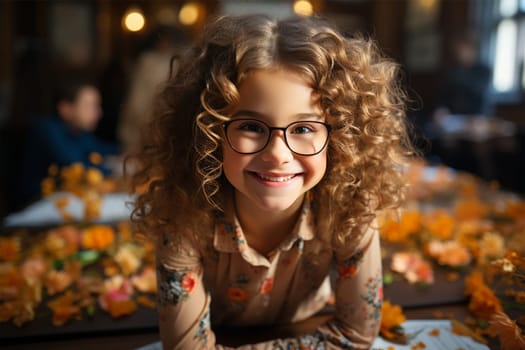 Cheerful schoolgirl in glasses in a school audience at a needlework class. back to school.Generative AI