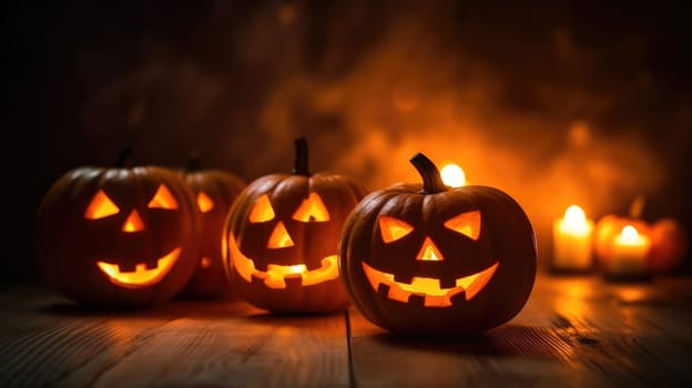 Halloween scary pumpkin, candles and dry leaves. halloween background. Generative AI