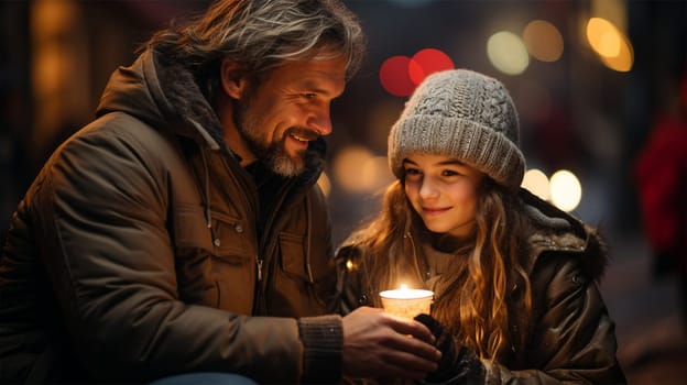 happy girl with her father on the street lit a candle on Christmas night and make a wish. Generative AI