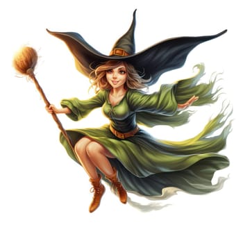 cartoon witch flies on a broomstick on a white background .set of drawings for halloween or children's book. Generative AI
