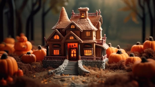chocolate gingerbread house decorated with chocolate icing and orange marzipan pumpkins around the house. happy halloween. Generative AI