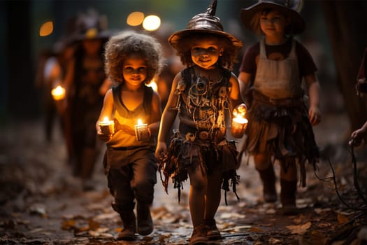 children trick-or-treating on the street on Halloween. children walk with bags and collect candy. Autumn holiday fun. Generative AI