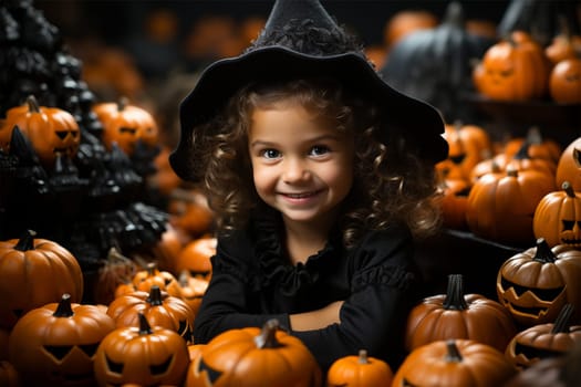 little witch in a costume and hat with pumpkins at night for Halloween, children's Halloween, dark background.Generative AI