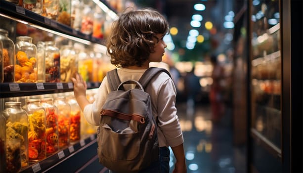 a little boy in a store stands next to jars of shaped Halloween candies.happy Halloween. Generative AI