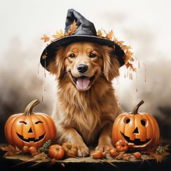 a cute golden retriever dressed in an original Halloween costume hat standing next to a joyful pumpkin on a dark background. illustration for postcard or children's book.Generative AI