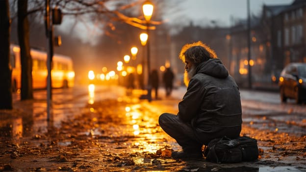 a destitute man sits against the backdrop of a bright festive city illumination.the concept of loneliness and social support.Generative AI
