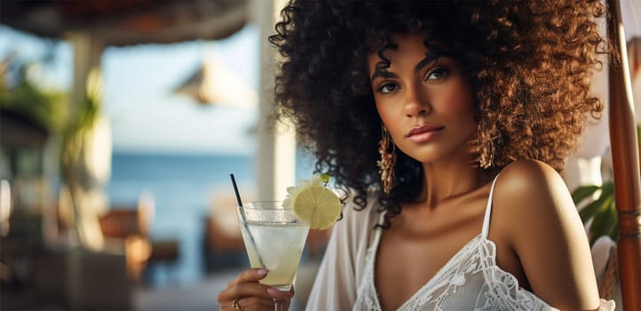 Beautiful black woman in white holding a cocktail with ice, sitting in a cafe on the background of the sea.Generative AI
