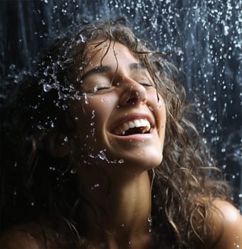 portrait of a beautiful happy woman with wet hair rejoicing in the rain. Generative AI