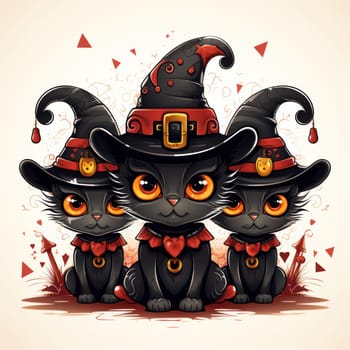 three black cats on a light background in a witch's hat for Halloween.Generative AI