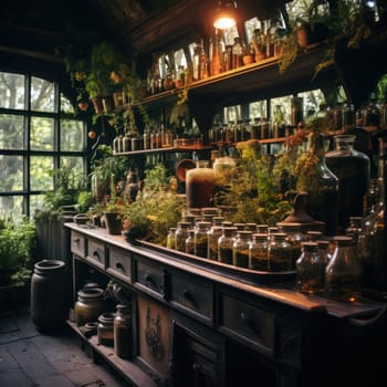 shelves with many glass bottles and herbs in a room or greenhouse .Herbal apothecary aesthetics.rustic style. home of a healer or medicine man. Generative AI