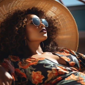 A beautiful african american woman in sunglasses and a red dress lies on a sun lounger by the pool. concept of relaxation and travel.Generative AI