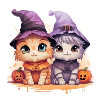 Cute pastel colored kittens in Halloween costumes. clipart on white background in a watercolor style. Generative AI